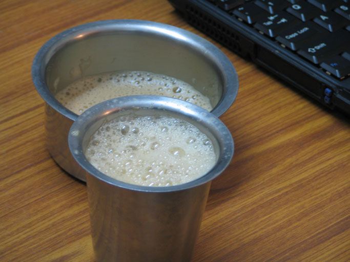 Placeholder: South Indian filter coffee served in traditional steel tumbler and davara